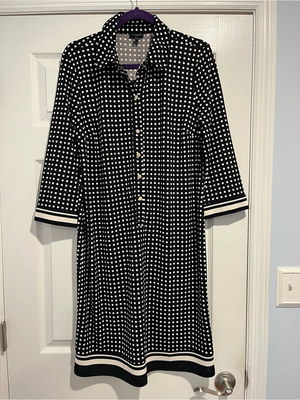 Talbots Black & White Polka Dot Shirt Dress. New w/out tags. Sz L spandex&poly